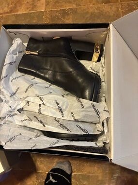 Karl Lagerfeld Black Leather Ankle Booties with Gold Heel Trim